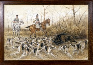 Bir avda yaban domuzu etrafında köpek sürüsü - Georges La Roque tarafından 1900 dolaylarında çizim by Georges La Roque