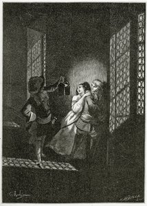 Aşıklar Ethel ve Ordener Teğmen d'Alpheld tarafından yakalanır - Han d'Islande'den bir illüstrasyon, 19. Yüzyıl (bw gravürü) by Georges Marie Rochegrosse