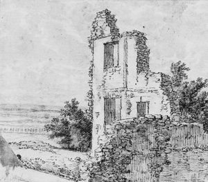 An Allée of Trees in a Park recto, The Ruins of a Building on a Hill verso, n.d.. by Georges Michel