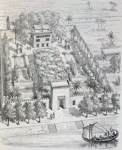 Nil kıyısındaki Mısır villasının görünümü, Chipiez tarafından yeniden yapılanma, Antik Çağda Sanat Tarihinden (Mısır, Asur, İran, Küçük Asya, Yunanistan, Etruria, Roma) by Georges and Chipiez Charles Perrot