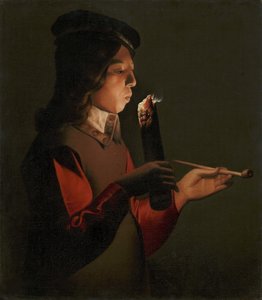 La Tour, Georges, de (1583-1652) tarafından, pipolu genç bir çocuk, bir ateş parçasına üfler. tuval üzerine yağlıboya by Georges de La Tour