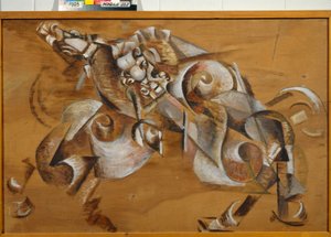 ""Aslan attaquant un cheval"" (Aslan Ata Saldırıyor) Peinture de Georgi Yakulov (1884-1928) Playwood üzerine yağlı boya 1917-1918 Dim 99x149 cm Devlet Tretyakov Galerisi, Moscou by Georgy Bogdanovich Yakulov