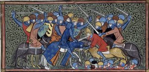 Charles Martel, Eudo ve Sarazenleri yenerken, Grandes chroniques de France, Royal 16 G.VI, f.117v, c. 1332-1350 (22727638241) by Georgia Levan Ramishvili from Tbilisi