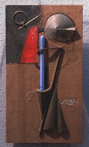 7 numaralı malzemelerin renkli yapısı (natürmort). Georgi Avgustovich Stenberg (1900-1933), ahşap, metal, cam, ahşap üzerine kum