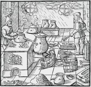 Basel'de yayınlanan Georg Pawer veya Georgius Agricola (1494-1555) tarafından yazılan De re metallica'dan (Metallerin doğası üzerine) gravür by Georgius Agricola