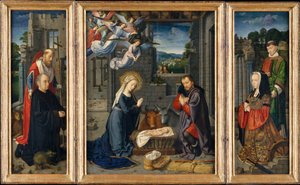 Bağışçılar ve Azizler Jerome ve Leonard ile Doğuş, c.1510–15 (tuval üzerine yağlı boya) by Gerard David