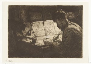 Çizim tahtasının arkasında kendi kendine portre by Gerard Jan Bos (signed by artist)
