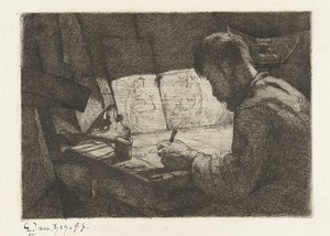 Çizim tahtasının arkasında kendi kendine portre by Gerard Jan Bos (signed by artist)