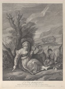 Yanında iki erkek çocuğuyla birlikte manzarada oturan taşralı bir kadın, 1729-40. by Gerard Jean Baptiste Scotin