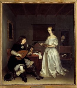 Çift; şarkıcı ve ud oyuncusu theorbo. Gerard Ter Borch (1617-1681), Hollandaca tarafından tablo by Gerard ter Borch