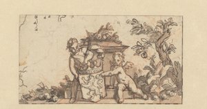 Hollanda arması ile iki putti ile bir skeç için tasarım by Gerard de Lairesse