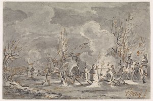Kamp ateşi etrafında askerlerle ordu yeri by Gerardus Emaus de Micault