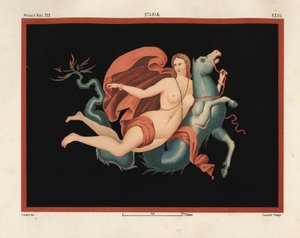 Manto ve bilezikler giymiş bir Nereid (deniz perisi), bir deniz canavarı veya hipokampus üzerinde, yarı at ve yarı balık üzerinde biniyor. Naz Müzesi. XXII, Stabiae. Victor Steeger tarafından Emile Presuhn (1844-1878) Pompeii'nin En Güzel Tablolarından