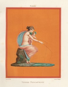 Venüs'ün resmi ve bir göletten oltalarla aşk tanrısı balıkçılığı. Gladyatörlerin Evi Regio VV3'te bulundu. Emile Presuhn'dan (1844-1878) Geremia Discanno'nun bir çiziminden sonra Victor Steeger'in kromolitografisi Pompeii'nin En Güz