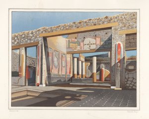 Bankacı Lucius Caecilis Iucundus'un evindeki atriyumun dışındaki bir oda olan tablinumun görünümü, Reg V, Ins 1, 26. Emile Presuhn'dan (1844-1878) Geremia Discanno'nun bir çiziminden sonra Victor Steeger'in kromolitografisi (1844-1878) En G