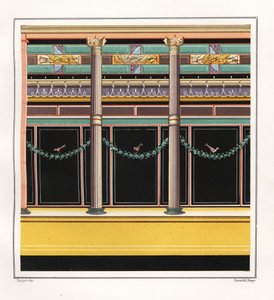 Epigramlar Evi'ndeki bir odadan duvar resmi. V, İnş. 1, No. 18. Emile Presuhn'dan (1844-1878) Geremia Discanno'nun bir çiziminden sonra Victor Steeger'in Chromolithograph'ı. Pompeii'nin En Güzel Tabloları, Leipzig