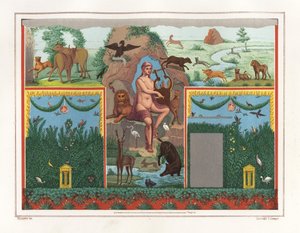 Vesonius Primus Evi'nin viridariumundan (bahçesinden) lirli Orpheus'un duvar resmi, daha dolgun. Aslan, puma, yaban domuzu, geyik, tavşan ve mavi flamingo gibi hayvanlarla çevrilidir. Bir illüstrasyondan sonra Victor Steeger'in kromolitografisi