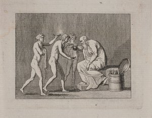 Üç genç ve antika kostümlü yaşlı bir adamla alegori. by Gerhard Ludvig Lahde