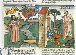 2 Krallar 2 1-24 İlyas bir kasırga içinde Cennete yükselir ve Elisha ile alay eden erkek çocukları, Nürnberg İncilinden (Biblia Sacra Germanaica) (renkli gravür) ayılar tarafından yenir by German School