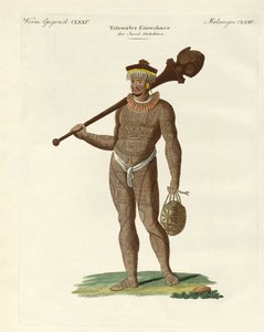 Yarasa ve su kabakları olan bir Nukahiwans (renkli gravür) by German School