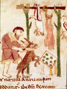 Bir kasap bir keçiyi dilimliyor (minyatür, 9. yüzyıl) by German School