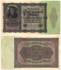 Elli bin marklık banknot, 1922 (recto ve verso) by German School