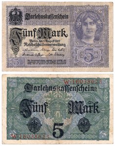 Beş marklık banknot, 1917 (recto ve verso) by German School