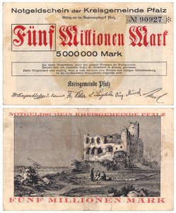 Beş milyon marklık banknot, c.1923 (recto ve verso) by German School