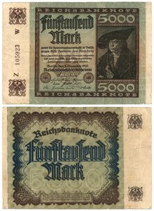 Beş bin marklık banknot, 1922 (recto ve verso) by German School