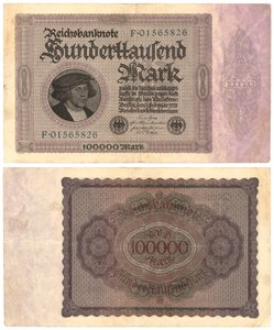 Yüz bin marklık banknot, 1923 (recto ve verso) by German School