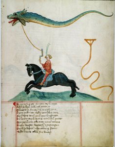 Ejderha uçan geyik tutan bir şövalye 15. yüzyıl Alman okulunun el yazması sayfası. 1405 Göttingen, Üniversite kütüphanesi by German School