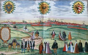 Ön planda yerel giysili figürlerle Nürnberg