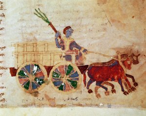Rabanus Maurus Magnentius (veya Raban Maur veya Rabano Mauro) (yaklaşık 780-856) tarafından yazılan “” De Universo” (veya De rerum naturis (Nesnelerin Doğasına Dair)) (kod. 132) el yazmasından minyatür bir arabada bir köylü ). 9. yüzyıl. Monte Cassino Mana by German School
