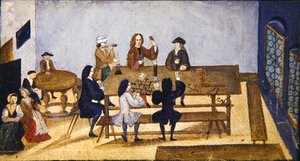 İskambil figürlerinin olduğu bir taverna iç sahnesi, c.1690 (kağıt üzerinde guaş) by German School