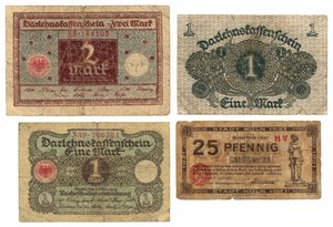 İki marklık bir banknot, iki bir mark banknot ve yirmi beş pfennig banknot, 1920-21 by German School