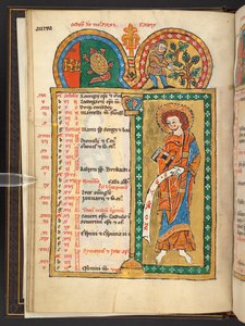 Ekle. 60629, f.5v Ekim. Altın ve renkli 12 takvim sayfası, her biri Zodyak işareti, havari ve ayın emeğini içeren mimari çerçeveli.  Zebur. rahibe kullanımı için bir takvim, ilahiler ve dualar ile ışıklı mezmur by German School