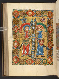 Ekle. 60629, f.84v Diğerlerinin başlarıyla birlikte iki askeri aziz (parşömen) by German School