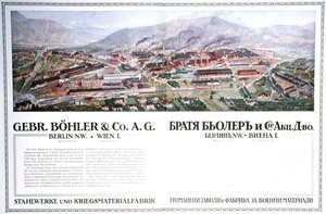 Avusturyalı Gebr.Boehler & Co şirketinin çelik fabrikası ve silah fabrikasının reklamı, bir Bulgar almanakından, c.1916 (renkli taş) by German School
