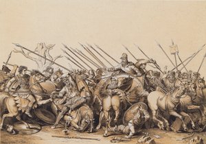 Büyük İskender ve ordusu savaşta (renkli taş baskı) by German School