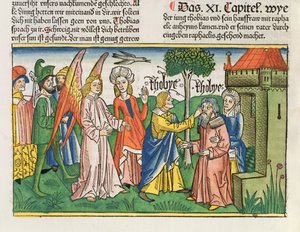 Apocrypha: Tobias, Nürnberg İncil'inden (Biblia Sacra Germanaica) (renkli gravür) bir balığın safrasıyla babası Tobit'in görüşünü geri getiriyor