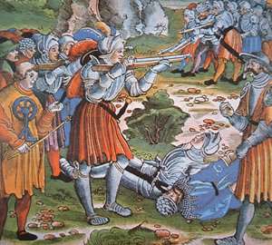 Zırhlı askerler kibritle ateş ediyor Arquebus, 15. yüzyılın sonları (el renkli gravür) by German School