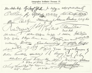 Ünlü kişilerin imzaları: besteciler, müzisyenler ve İngiliz, Fransız ve Alman yazarlar (gravür) by German School