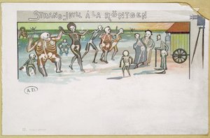 Röntgen tarzında plaj pastoral, X-ışınları hakkında çizgi film, c.1896-99 (renkli gravür) by German School
