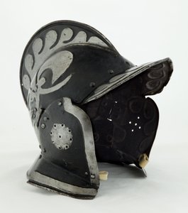 Burgonet, 17. yüzyılın başları (siyah boya ve deri izleri olan çelik ve demir) by German School