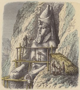 Eski Mısır firavunu heykelinin kaya yüzeyinden oyulması (renkli gravür) by German School