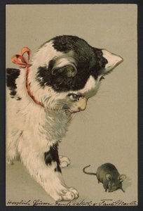 Fare ile oynayan kedi (renkli taş baskı) by German School