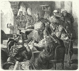 Bilim adamları ve din adamlarıyla Charlemagne danışmanlığı (gravür) by German School