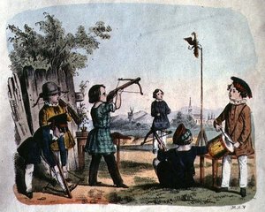 Arquebuse ile hedefe ateş eden çocuklar, c.1860 (renkli gravür) by German School