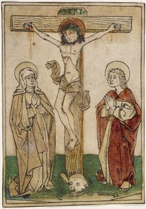 Meryem ve Aziz John ile Haç Üzerinde İsa, c.1470-80 (parşömen üzerine elle boyanmış gravür) by German School