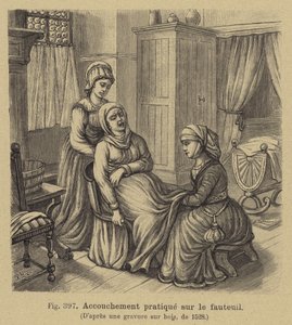 Doğum sandalyesinde oturan anne ile bir bebek doğurmak, 16. yüzyıl by German School